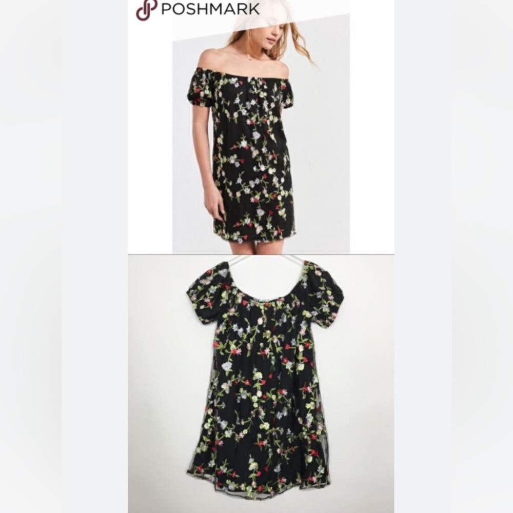 Off shoulder sheer black overlay embroidered Kimchi Blue mini black dress